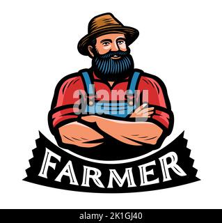 Carino contadino bearded in un emblema cappello o logo. Agricoltura, badge azienda agricola biologica. Illustrazione del vettore dei caratteri cartoni animati Illustrazione Vettoriale