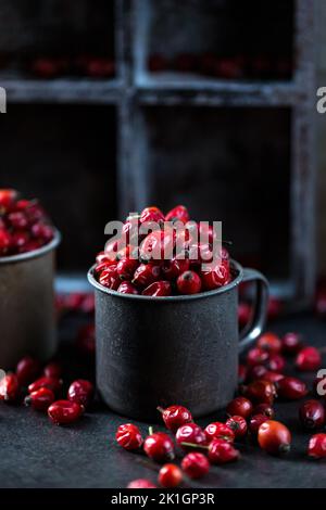 frutta secca di rosa canina sulla tavola Foto Stock