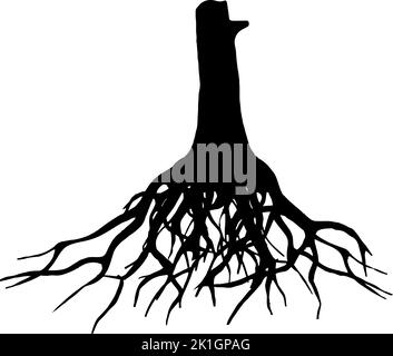 Le radici nere modificabili di un albero sullo sfondo bianco Illustrazione Vettoriale