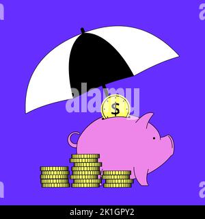 Concetto di assicurazione bancaria di soldi. Salvadanaio e monete d'oro sotto l'ombrello. Scenario creativo di vettori di investimenti aziendali, pensione o risparmio finanziario Illustrazione Vettoriale