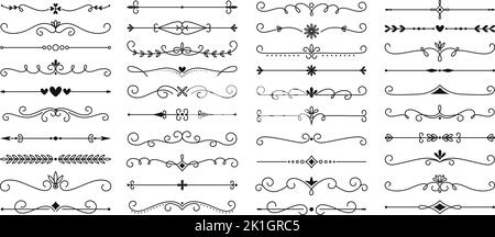 Bordi del testo della linea e riquadri delimitatori. Royal fiorisce elementi tipografici vintage ornati per lettere, inviti. Divisori calligrafici racy Illustrazione Vettoriale