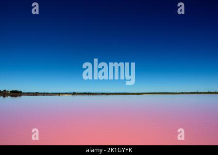 Lago di sale rosa e cielo blu in Camargue Foto Stock