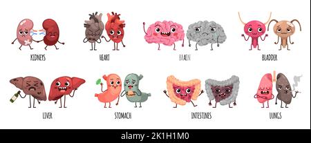 Cartoon malsano e coppie di organi sani. Personaggi carini con facce, polmoni danneggiati, stomaco e vescica, polmoni e cervello, fegato e cuore Illustrazione Vettoriale