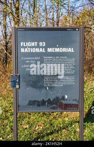 Cartello informativo sul Flight 93 Memorial del 11th settembre a Stoystown, Pennsylvania. Foto Stock