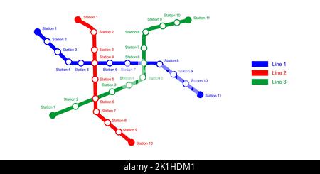 Modello mappa metropolitana. Schema della metropolitana con 3 linee colorate con stazioni. Diagramma infografico della rete pubblica di trasporto rapido isolata su sfondo bianco. Illustrazione vettoriale Illustrazione Vettoriale