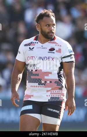 Twickenham, Regno Unito. 18th Set, 2022. Billy Vunipola di Saracens in azione durante il Gallagher Premiership Rugby match tra Harlequins e Saracens a Twickenham Stoop, Twickenham, Inghilterra il 17 settembre 2022. Foto di Ken Sparks. Solo per uso editoriale, licenza richiesta per uso commerciale. Non è utilizzabile nelle scommesse, nei giochi o nelle pubblicazioni di un singolo club/campionato/giocatore. Credit: UK Sports Pics Ltd/Alamy Live News Foto Stock