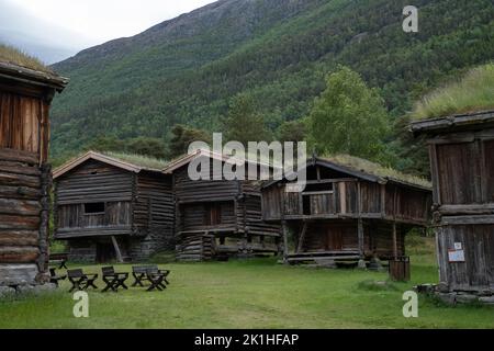 Paesaggi meravigliosi in Norvegia. Innlandet. Bellissimo scenario di case con tetto in erba. Architettura tradizionale norvegese. Montagne e alberi a bac Foto Stock