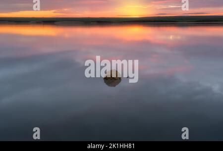 Una pietra ricoperta di cristalli di sale che giace al centro del lago salato Elton sullo sfondo dell'alba Foto Stock