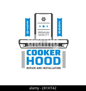 Cappa di cucina icona per scarichi cucina e fornello riparazione o installazione servizio, vettore. Apparecchiature per elettrodomestici e ristoranti estrattori di odori da cucina o attrezzature professionali per la pulizia dell'aria Illustrazione Vettoriale