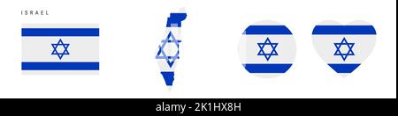 Icona bandiera Israele impostata. Pennant israeliano nei colori e nelle proporzioni ufficiali. Rettangolare, a forma di mappa, circolare e a forma di cuore. Illustrazione del vettore piatto i Illustrazione Vettoriale