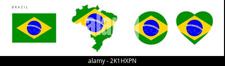 Icona bandiera Brasile impostata. Pennant brasiliano in colori e proporzioni ufficiali. Rettangolare, a forma di mappa, circolare e a forma di cuore. Illustrazione del vettore piatto Illustrazione Vettoriale