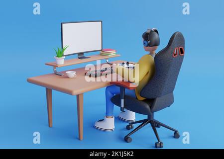 riproduzione di videogiochi su un computer pc. Giocatore che gioca a un gioco online su PC. Computer da gioco isolato. Rendering 3D Foto Stock