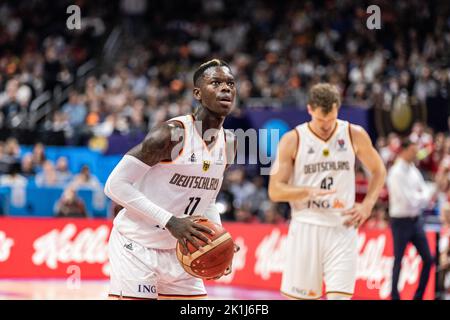 Berlino, Germania. 18th Set, 2022. Dennis Schroder di Germania gioca contro la Polonia durante il terzo posto della FIBA Eurobasket 2022 tra la Germania e la Polonia alla Mercedes Benz Arena. Punteggio finale; Germania 82: 69 Polonia. (Foto di Nicholas Muller/SOPA Images/Sipa USA) Credit: Sipa USA/Alamy Live News Foto Stock