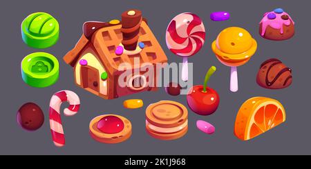 dolci natalizi, dessert e set da forno. Casa di pan di zenzero, biscotti, caramelle, lecca, ciliegia, Fetta di arancia, dolce decorato elementi isolati UI gioco, Cartoon Vector illustrazione, Illustrazione Vettoriale