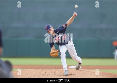 Sarasota, Florida. USA; il lanciatore del Team USA Matthew Dallas (19) offre un piazzamento in fondo al primo inning durante il Gold Medal Game Arans Foto Stock
