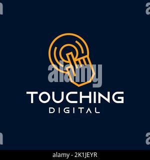 Tecnologia del touch screen del dito logotipo concetto vettore moderno stile liner logo design. Tecnologia digitale per telefono cellulare Palm Touch Screen. Illustrazione Vettoriale