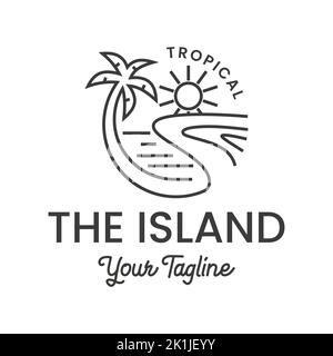 Estate palma logo linea arte semplice vettore illustrazione icona grafica modello. Spiaggia tropicale oceano onde, isola o spiaggia simbolo per i viaggi Illustrazione Vettoriale