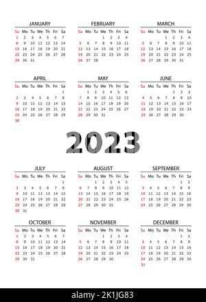 Calendario tascabile verticale su 2023 anno. Calendario modello per le aziende su sfondo bianco. La settimana inizia da domenica. Calendario degli scomparti vettoriali su 2023. Illustrazione Vettoriale