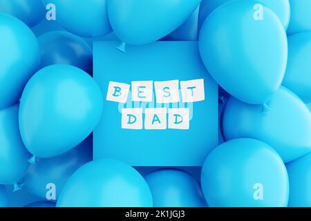 Cornice blu con il messaggio MIGLIOR DAD circondato da palloncini blu. Celebrazione del giorno dei padri. Rendering 3D. Foto Stock