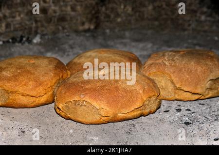 Pane rotondo appena sfornato, una forma tradizionale di produzione del pane in Grecia, in Europa, specialmente nei luoghi provinciali. Foto Stock