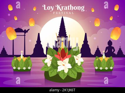 Festival di Loy Krathong Celebration in Thailandia Template Hand Drawed Cartoon Flat Illustration with Lanterns and Krathongs Floating on Water Design Illustrazione Vettoriale