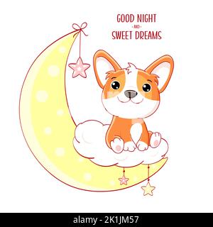 Cute baby dog sulla luna. Buona notte e sogni dolci. Piccolo cucciolo di corgi sulla mezzaluna. Può essere utilizzato per stampe di magliette per bambini, poster per la scuola materna, bambino Illustrazione Vettoriale