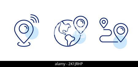 Set di puntatori della mappa che mostrano la posizione. Pin sul globo terrestre e tracciamento del percorso. Pixel Perfect, icone del tratto modificabili Illustrazione Vettoriale