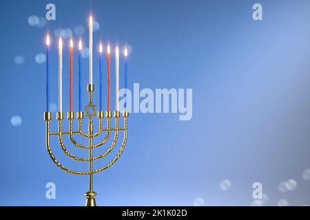 3D rendering immagine della vacanza ebraica Hanukkah con menorah o Candelabra tradizionale su uno sfondo bokeh. Foto Stock