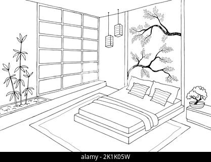 Asia camera da letto grafica bianco nero casa disegno disegno disegno illustrazione vettore Illustrazione Vettoriale