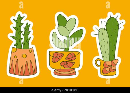 Carino cactus succulents pentole adesivi. Divertente design luminoso per bambini. Colore doodle mano disegnata piante domestiche. Vasi di fiori modellati Zentangle. Perfetto per biglietti d'auguri in tessuto stampato decorativi per vivaio. Illustrazione vettoriale. Illustrazione Vettoriale