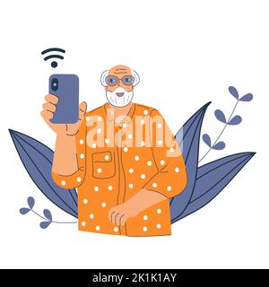 Nonni moderni che utilizzano il concetto di smartphone. L'applicazione per telefoni cellulari senza carta di credito Senior MEN paga. Nonno tenere il telefono in mano. Nuova tecnologia online di generazione anziana. Felice oldie vettore illustrazione. Illustrazione Vettoriale