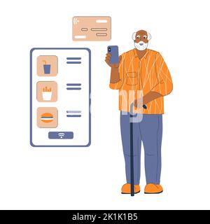 Moderno nonno contactless pagamento con cellulare. Pagamento per le applicazioni smartphone senza carta Senior MEN. Nuova tecnologia di generazione anziana. Oldies sceglie il monitor per il cibo. Illustrazione del vettore del negozio online. Illustrazione Vettoriale