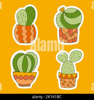 Carino cactus in pentole adesivi. Divertente design luminoso per bambini. Colore doodle mano disegnata piante domestiche. Vasi di fiori modellati Zentangle. Perfetto per biglietti d'auguri in tessuto stampato decorativi per vivaio. Illustrazione vettoriale. Illustrazione Vettoriale