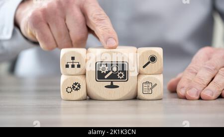 Blocchi di legno con simbolo del concetto di test software Foto Stock