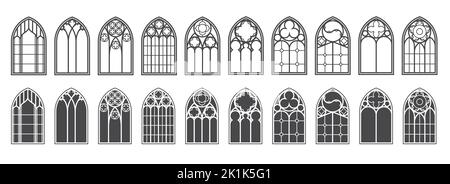 Finestre della chiesa impostate. Silhouette di archi gotici in linea e glyph stile classico. Vecchie cornici di vetro della cattedrale. Elementi interni medievali. Vettore Illustrazione Vettoriale