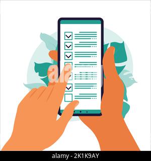 Elenco di controllo sullo schermo dello smartphone. Concetto di sondaggio online. La mano tiene il telefono cellulare e l'elenco di controllo con segno di spunta. Illustrazione vettoriale. Piatto Illustrazione Vettoriale