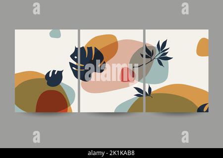 Set di composizioni con foglie. Collage alla moda per il design in uno stile ecologico. Illustrazioni vettoriali per la progettazione di cartoline o brochure. Piatto. Illustrazione Vettoriale