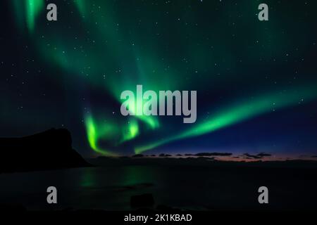 Aurora boreale sul paesaggio costiero di notte, Lofoten, Nordland, Norvegia Foto Stock