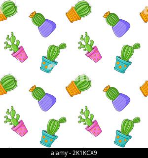 Modello senza cuciture con cactus diversi, pianta succulenta in vaso fiore luminoso. Cartone animato Cactus. Disegno a mano sfondo con piante di casa. Illustrazione vettoriale Illustrazione Vettoriale