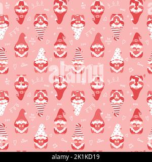 Modello senza cuciture con i simpatici gnomi cartoni animati di San Valentino che tengono cuori e lettere AMORE. Il rosa nana i caratteri e le parole manoscritte. Vettore colore i Illustrazione Vettoriale