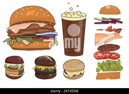 Una semplice illustrazione di un set di hamburger e ingredienti con soda isolata su sfondo bianco Illustrazione Vettoriale