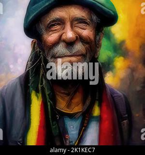 Avatar concettuale generato digitalmente ritratto di un uomo anziano giamaicano sorridente con influenza reggae Foto Stock