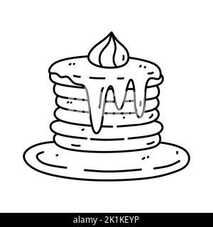 Graziosi pancake con sciroppo e crema isolati su sfondo bianco. Disegno vettoriale a mano in stile doodle. Perfetto per carte, decorazioni, logo, Illustrazione Vettoriale