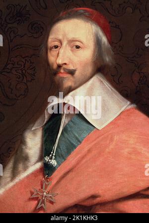 Armand Jean du Plessis, Cardinal de Richelieu (1585-1642) : dettaglio del ritratto par l'atelier de Philippe de Champaigne (1602-1674), 17eme siecle, Versailles, Musee du Chateau Foto Stock