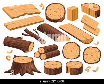 Legname naturale, industria del legname. Materiali di Falegnameria, legno. Tronco di albero, ceppo e assi. Set di illustrazioni vettoriali Illustrazione Vettoriale
