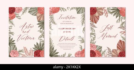 Set di moderni design verticali per matrimoni boho per inviti, biglietti d'auguri, poster. Salvare la data. Illustrazione vettoriale disegnata a mano Illustrazione Vettoriale