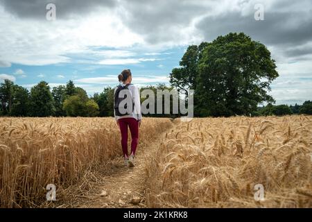 Woman backpacker walking through the countryside. Foto Stock