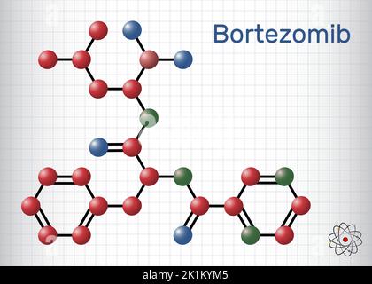 Molecola di bortezomib. È farmaco anticancro. Formula chimica strutturale, modello di molecola. Foglio di carta in una gabbia. Illustrazione Vettoriale