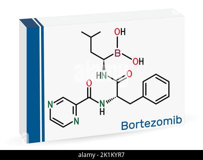 Molecola di bortezomib. È farmaco anticancro. Formula chimica scheletrica. Imballaggi di carta per farmaci Illustrazione Vettoriale
