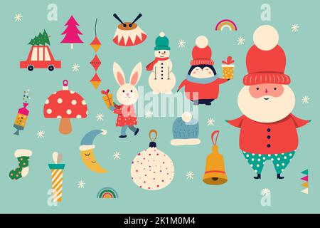 Banner decorativo di Natale con divertente Babbo Natale, pinguino, scatole regalo e molti altri. Grande collezione natalizia in stile scandinavo con tradizione Illustrazione Vettoriale